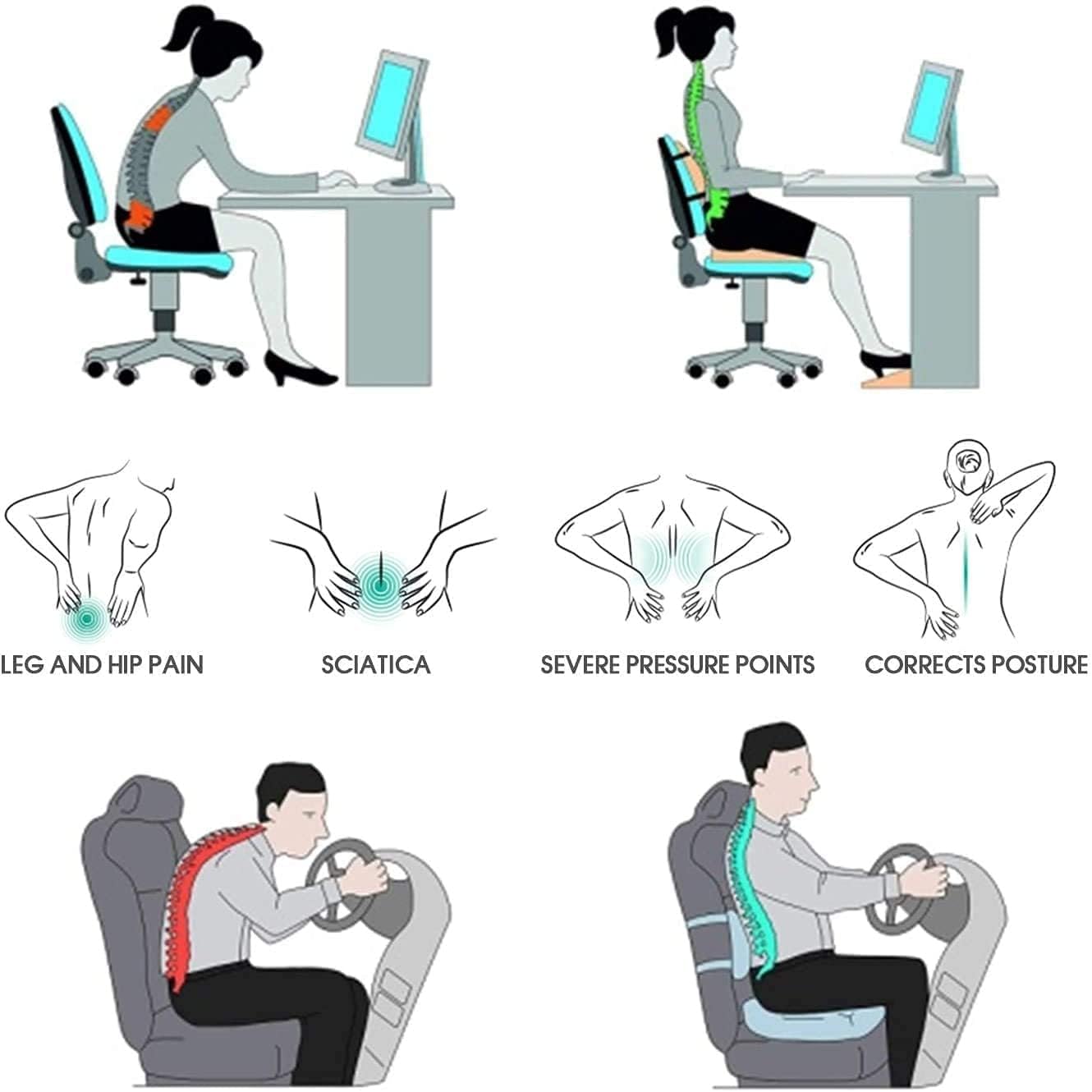 Gel Seat Cushion with Honeycomb Design, 40.6 x 35.6 cm, Orthopaedic Support for Office Chair and Car, Blue