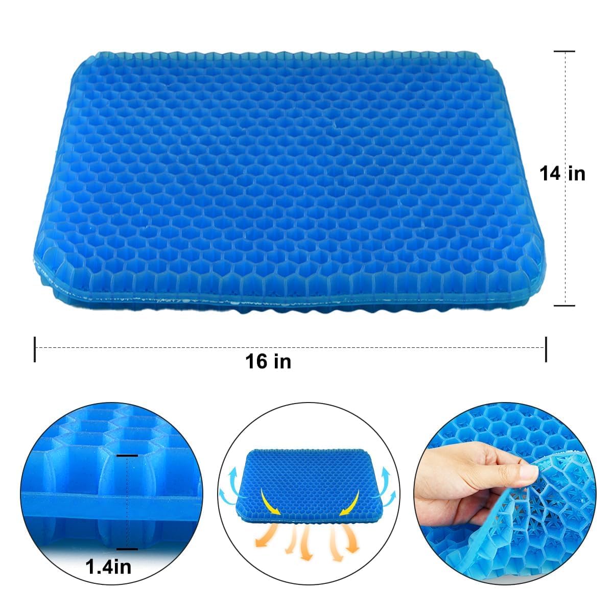 Gel Seat Cushion with Honeycomb Design, 40.6 x 35.6 cm, Orthopaedic Support for Office Chair and Car, Blue
