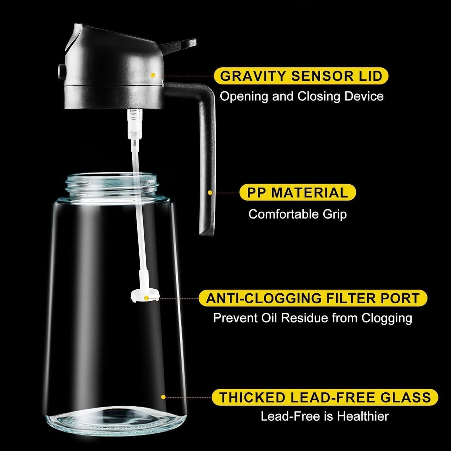 Oil Dispenser Bottle with Spray, 430ml Borosilicate Glass, Gravity Sensor Lid, Anti-clogging Filter