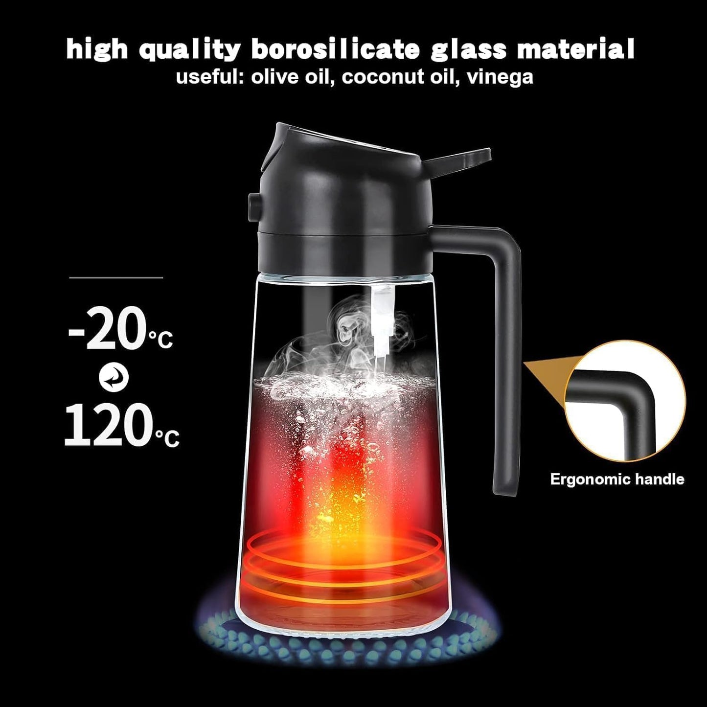 Oil Dispenser Bottle with Spray, 430ml Borosilicate Glass, Gravity Sensor Lid, Anti-clogging Filter