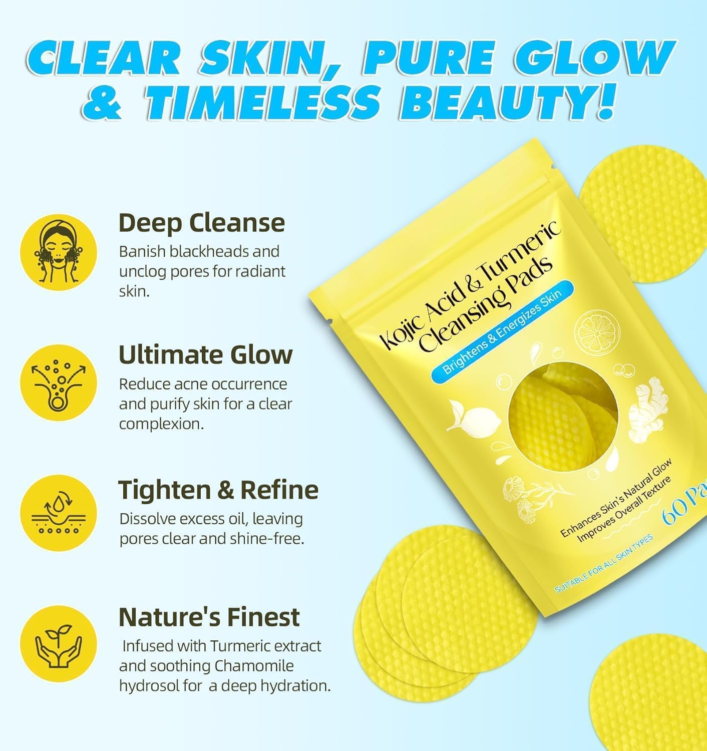 Natural Brightening Facial Cleansing Pads with Kojic Acid, Turmeric, Vitamin C, Dual-Texture for Pore Care and Radiant Skin