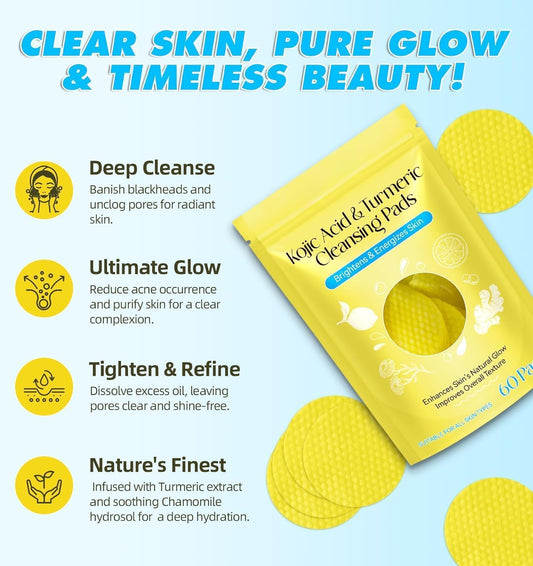 Natural Brightening Facial Cleansing Pads with Kojic Acid, Turmeric, Vitamin C, Dual-Texture for Pore Care and Radiant Skin