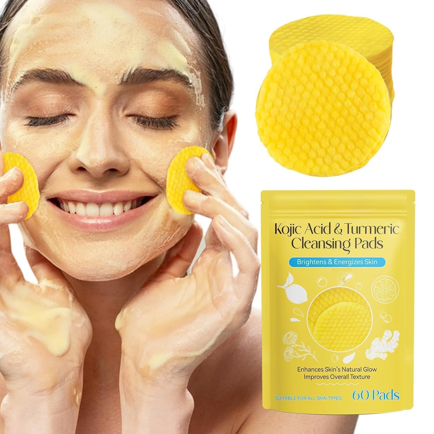 Natural Brightening Facial Cleansing Pads with Kojic Acid, Turmeric, Vitamin C, Dual-Texture for Pore Care and Radiant Skin