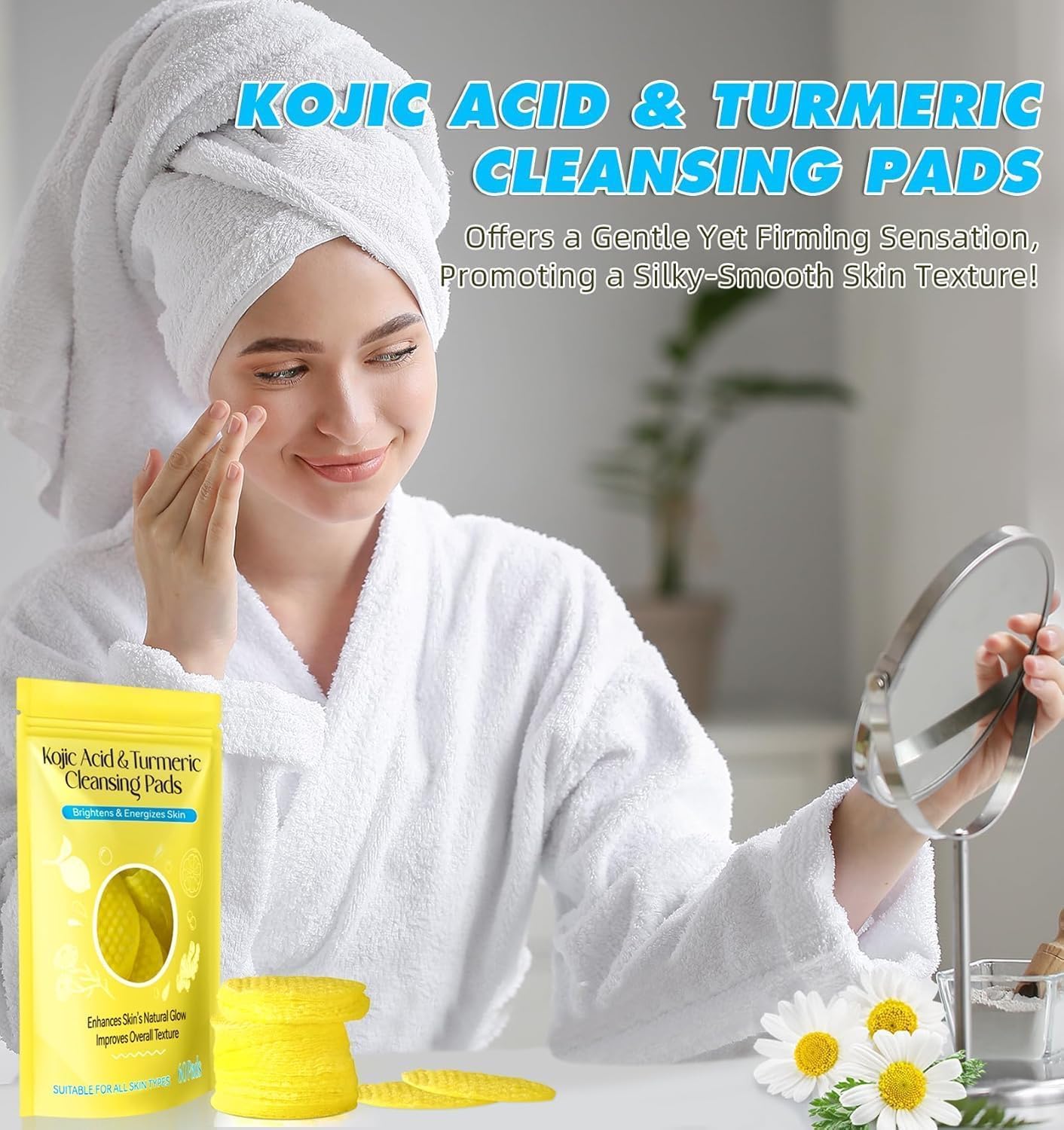 Natural Brightening Facial Cleansing Pads with Kojic Acid, Turmeric, Vitamin C, Dual-Texture for Pore Care and Radiant Skin