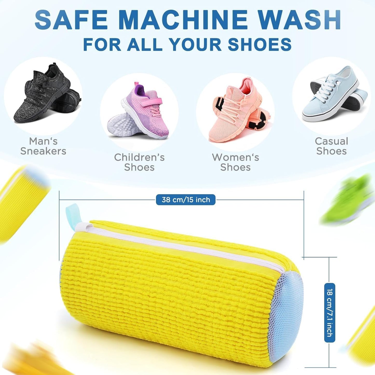 Shoe Washing Bag with Hidden Zipper, 38 cm x 18 cm, Machine-Safe Microfibre Cleaning Bag for Trainers and Sneakers